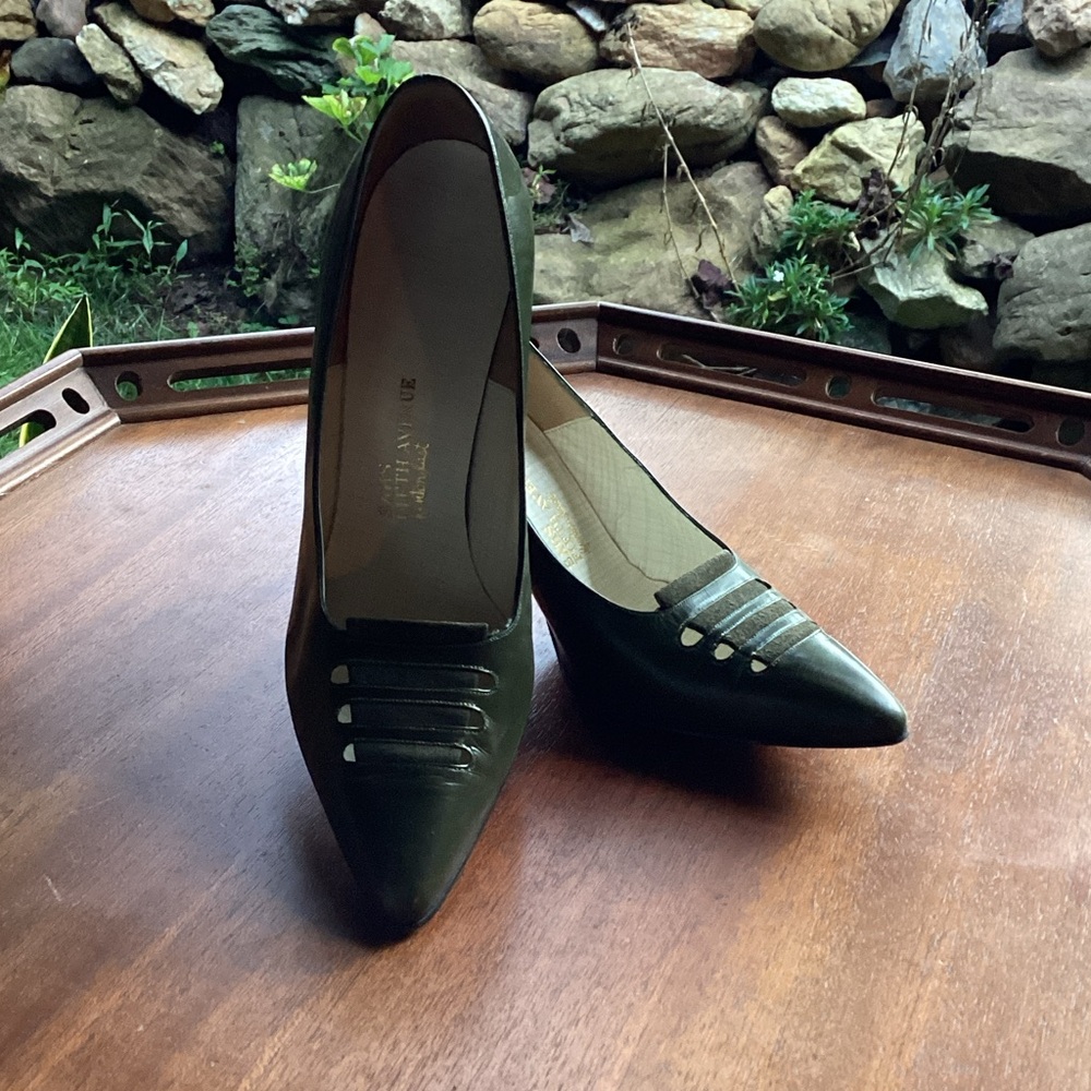 Saks Fifth Avenue Dark Olive Pointed-Toe Heels with Subtle Straps